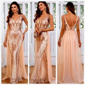 Eegant Champagne/ Gold Floral Wedding Dress